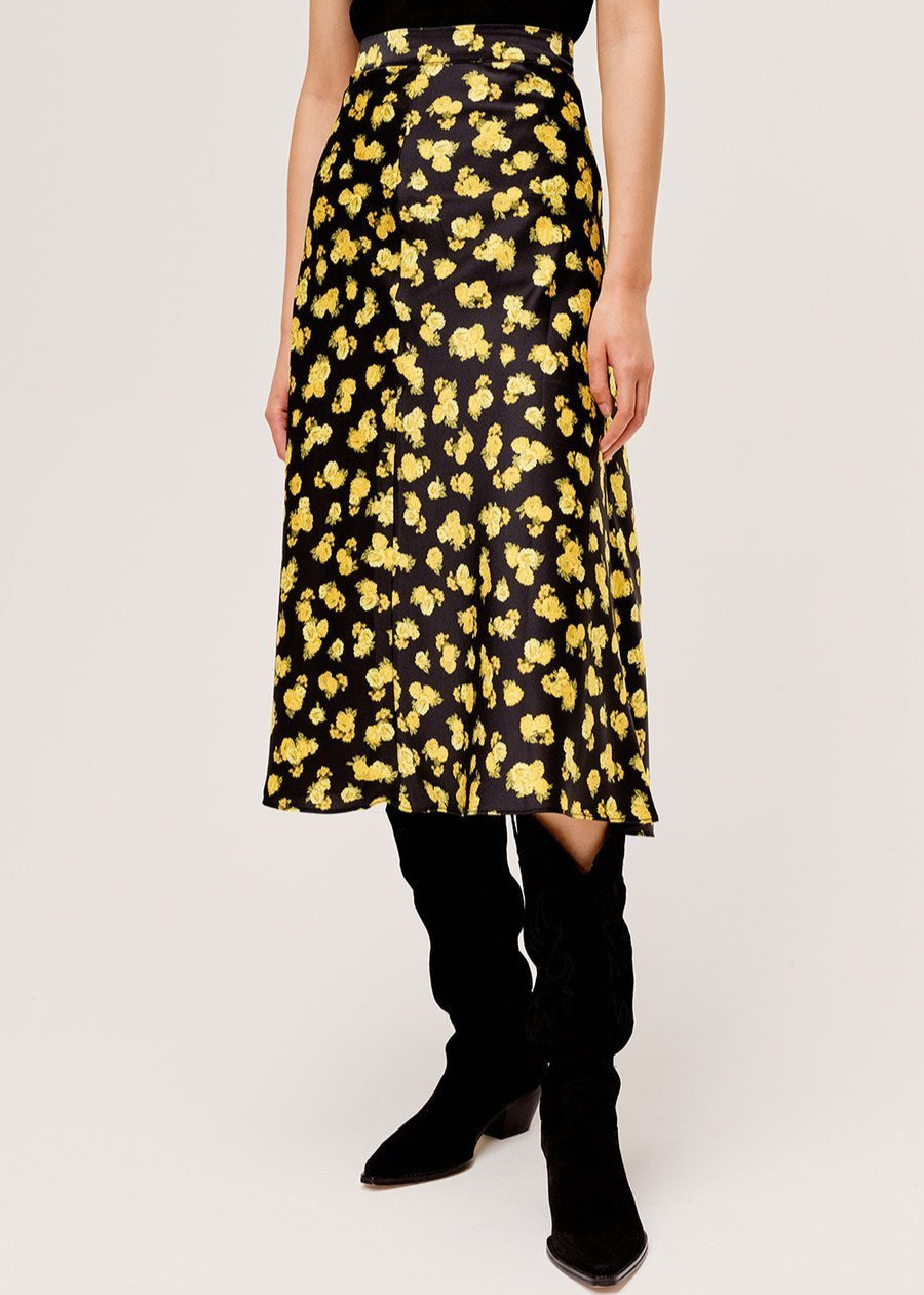 Jupe Midi Femme Noire à Fleurs Jaunes
