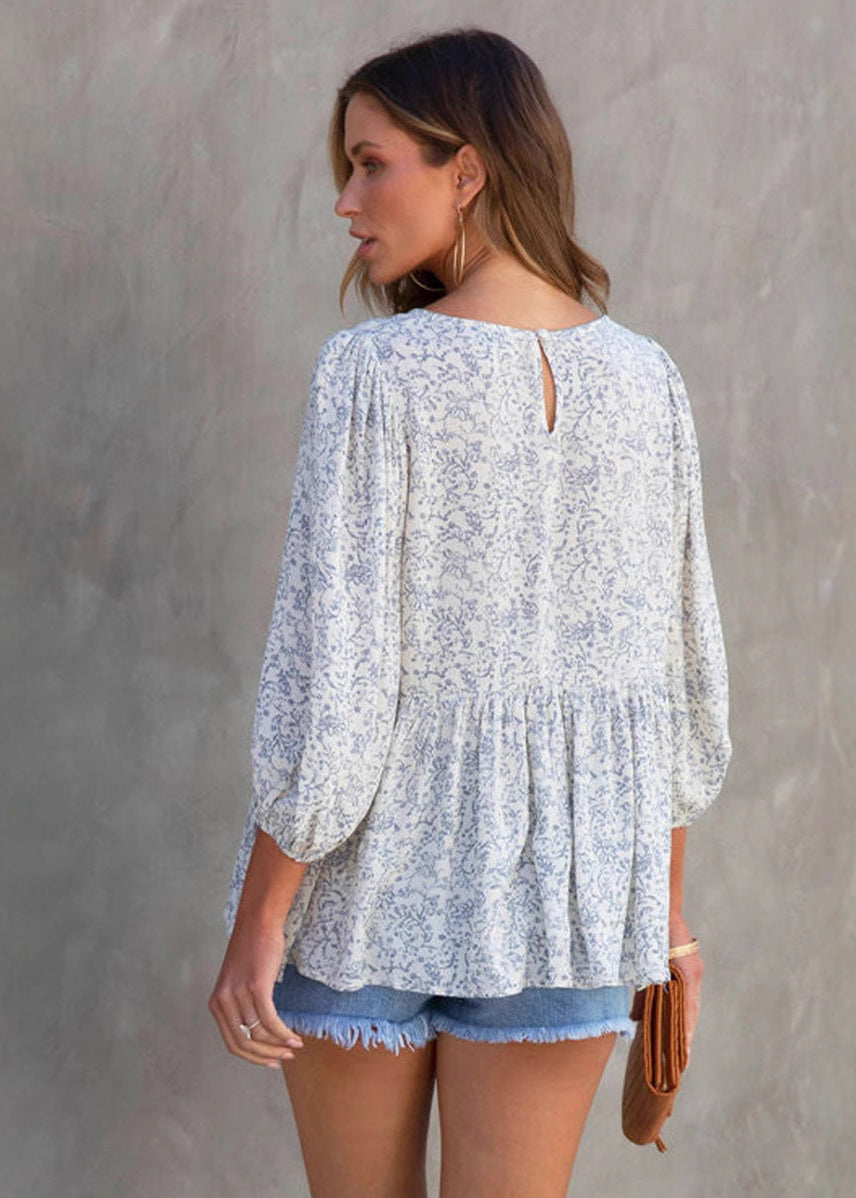 Blouse fleurie manches lanterne décontractée