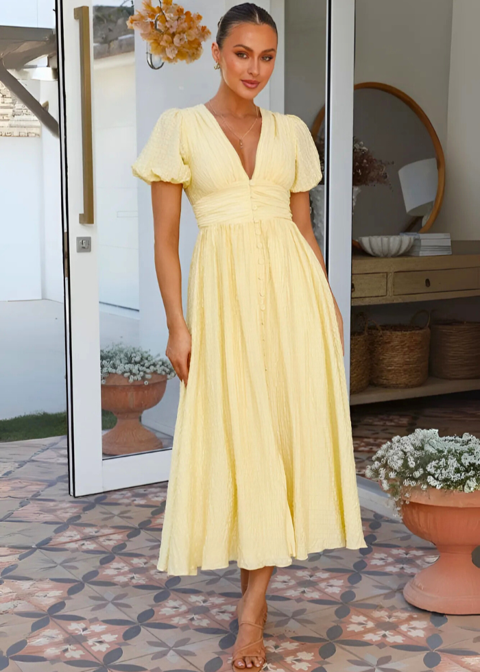 Robe longue col V à manches bouffantes