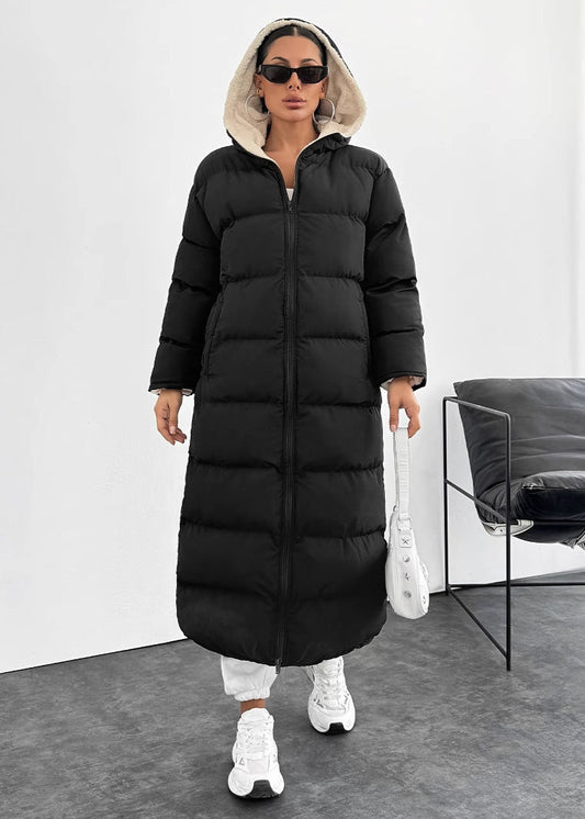 Manteau long matelassé capuche femme