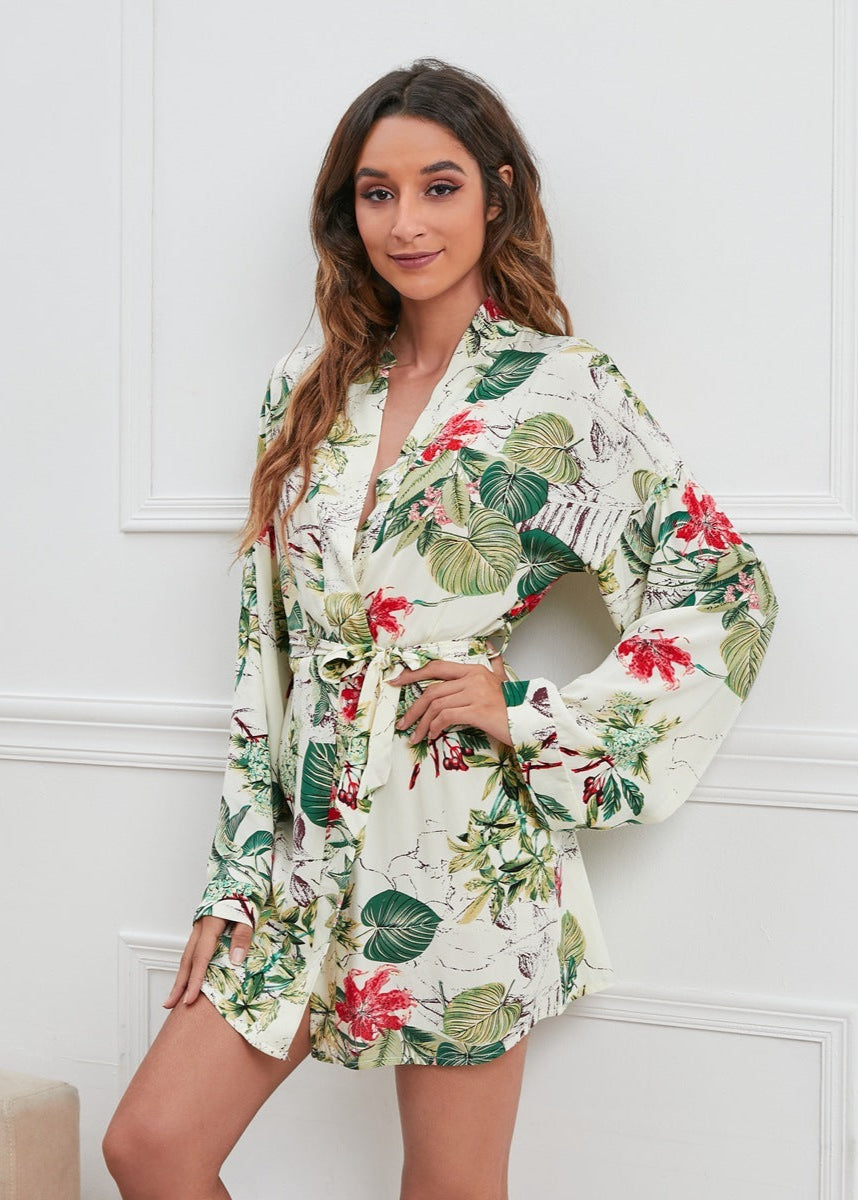 Peignoir Femme Long à Imprimé Floral et Feuillage