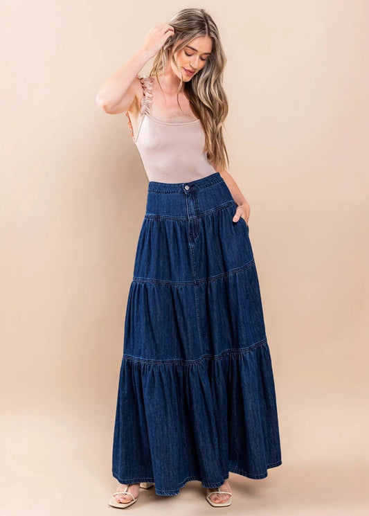 Jupe longue en jean à volants