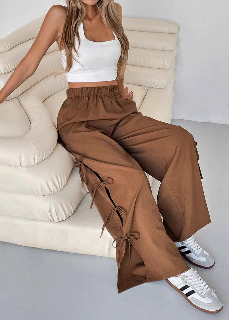 Pantalon femme large taille haute contrasté