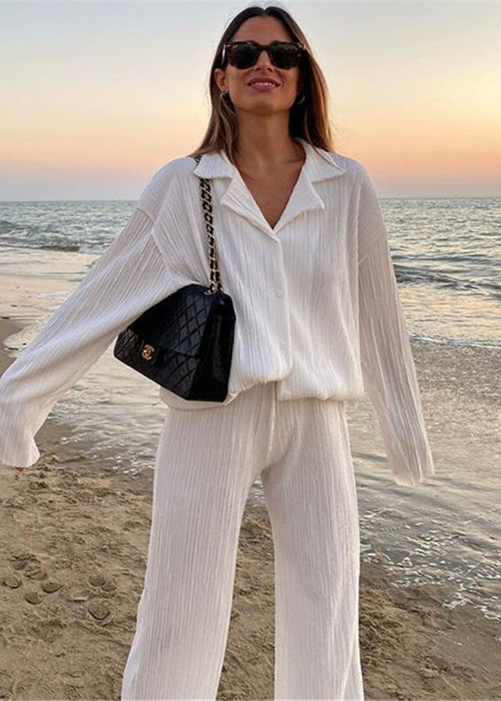 Ensemble chemise plissée & pantalon droit confortable