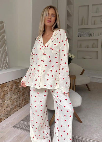 Pyjama Coton Femme – Ensemble Long Imprimé Cœurs