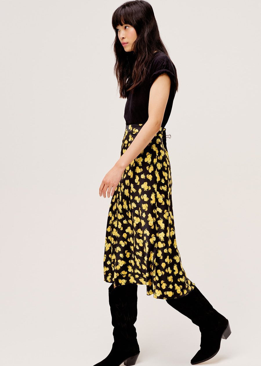 Jupe Midi Femme Noire à Fleurs Jaunes