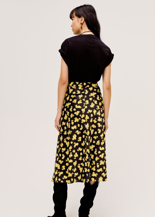 Jupe Midi Femme Noire à Fleurs Jaunes
