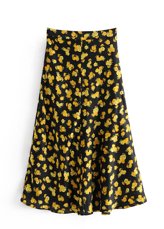 Jupe Midi Femme Noire à Fleurs Jaunes
