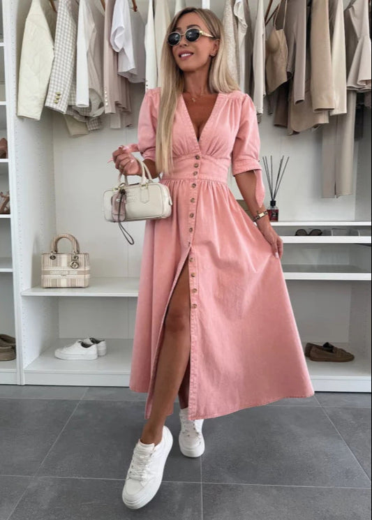 Robe Longue en Jean Fendue Boutonnée