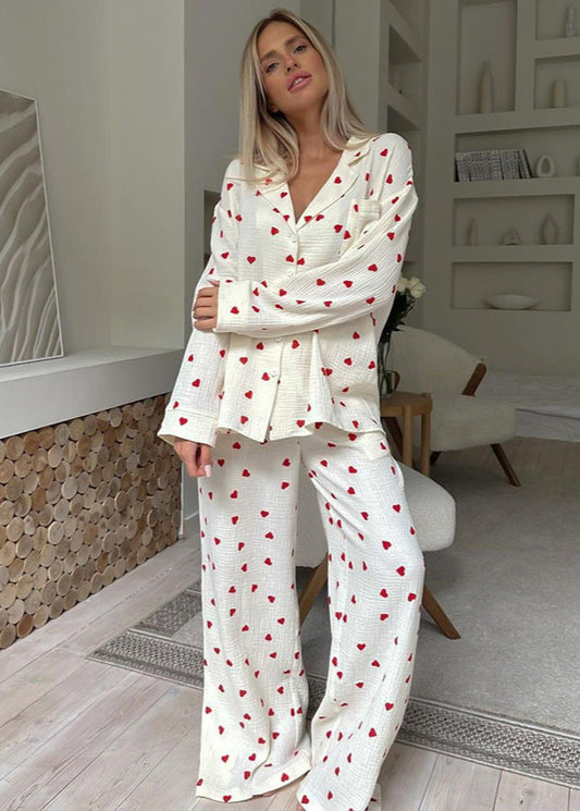 Pyjama Coton Femme – Ensemble Long Imprimé Cœurs