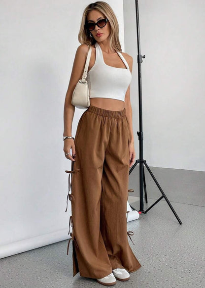 Pantalon femme large taille haute contrasté