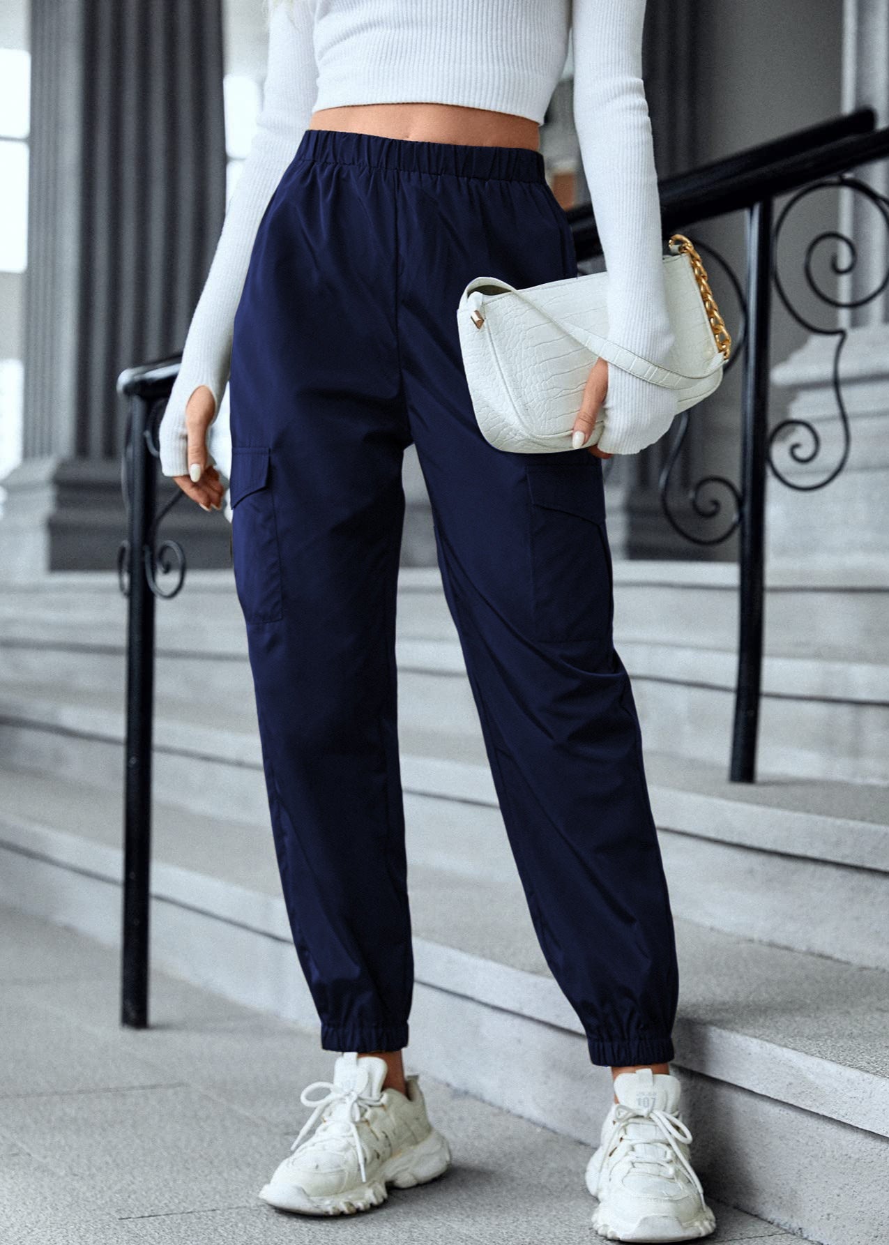 Pantalon casual ajusté multi-poches femme