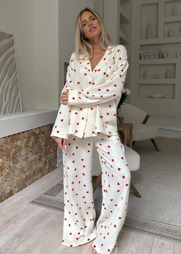 Pyjama Coton Femme – Ensemble Long Imprimé Cœurs