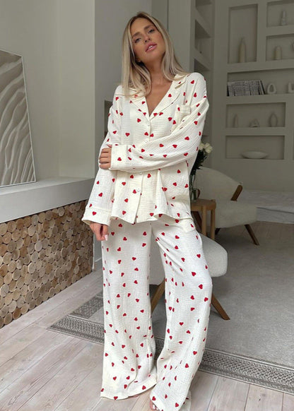 Pyjama Coton Femme – Ensemble Long Imprimé Cœurs