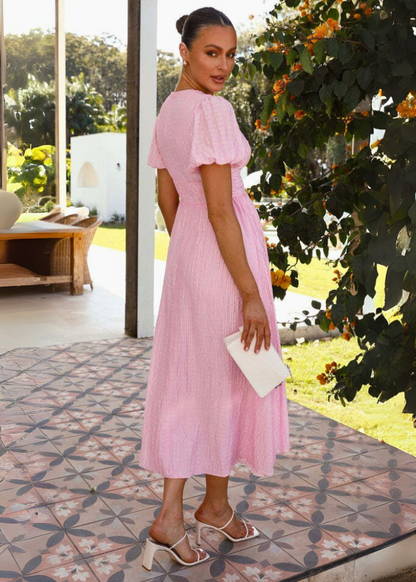 Robe longue col V à manches bouffantes