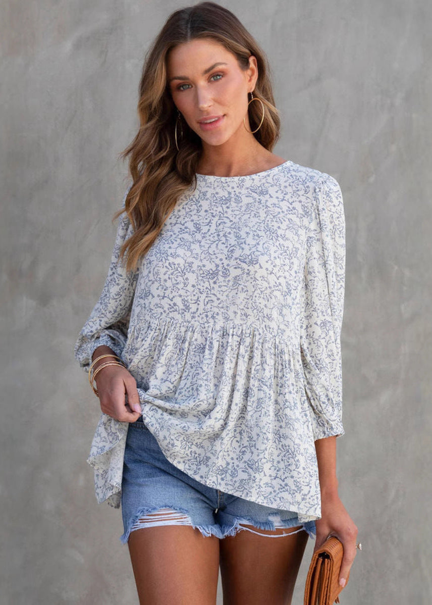 Blouse fleurie manches lanterne décontractée