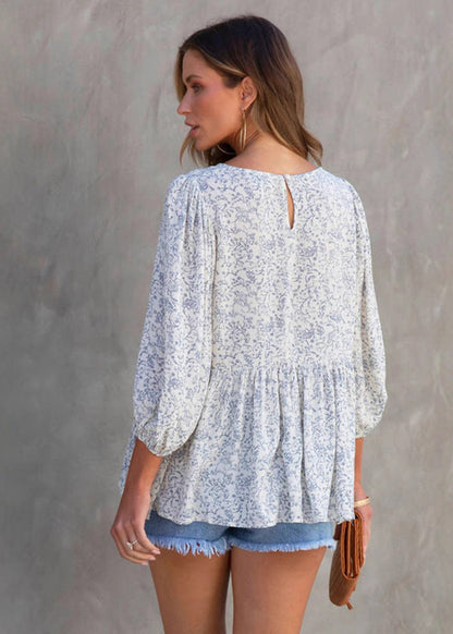 Blouse fleurie manches lanterne décontractée