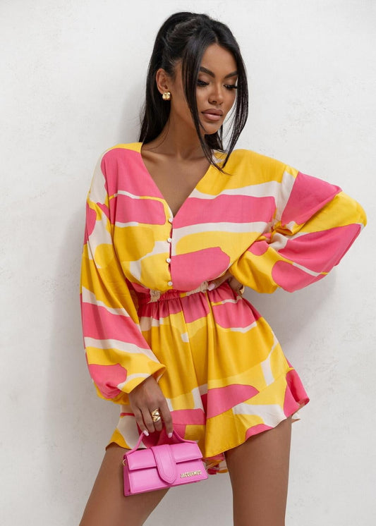 Jumpsuit imprimé col V manches longues