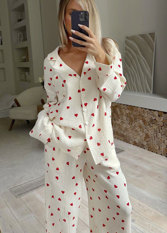 Pyjama Coton Femme – Ensemble Long Imprimé Cœurs