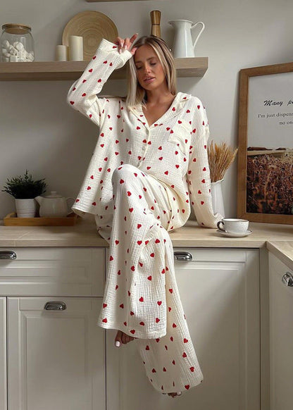 Pyjama Coton Femme – Ensemble Long Imprimé Cœurs