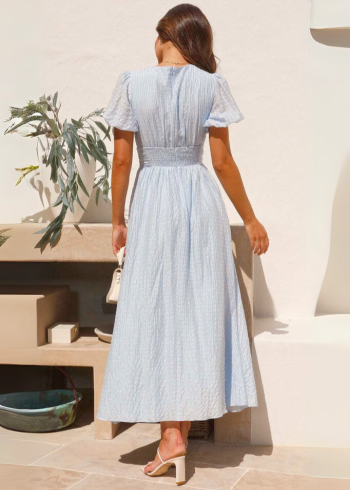 Robe longue col V à manches bouffantes