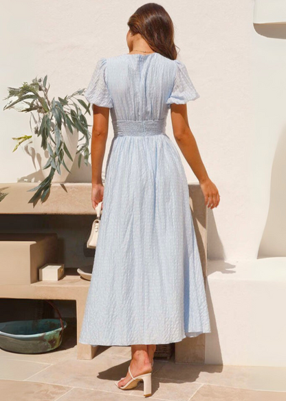 Robe longue col V à manches bouffantes