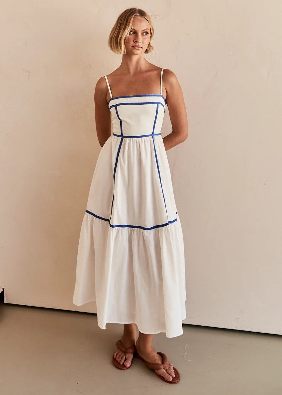 Robe mi-longue à bretelles fines et jupe volantée