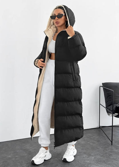 Manteau long matelassé capuche femme
