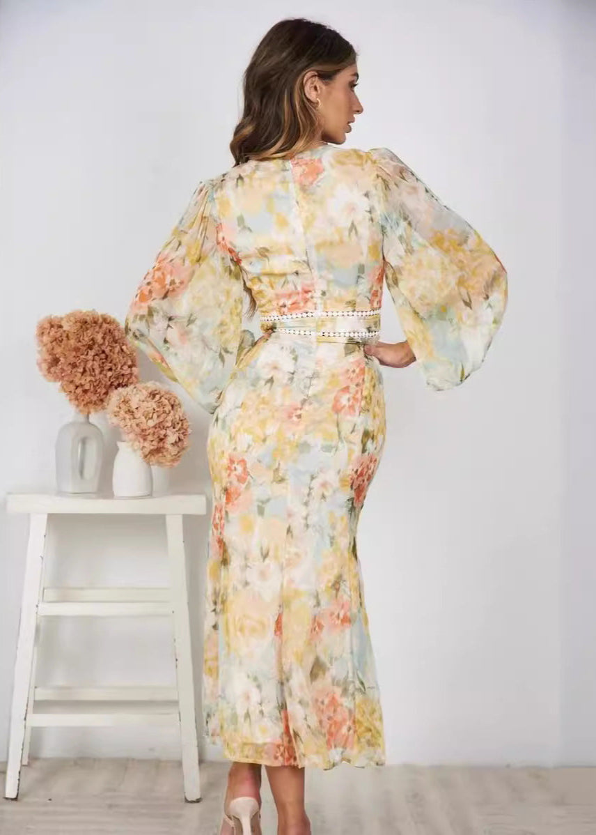 Robe Slim à Imprimé Floral en Chiffon