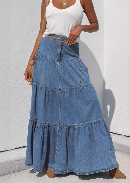 Jupe longue en jean à volants