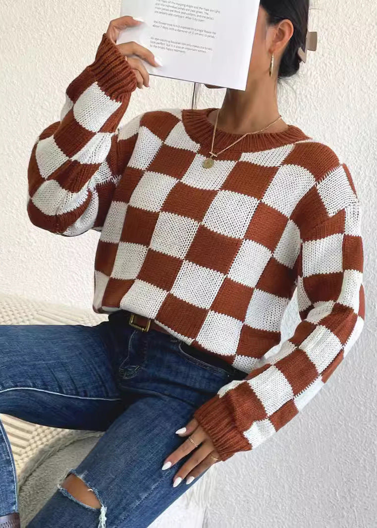 Pull ample à carreaux chics