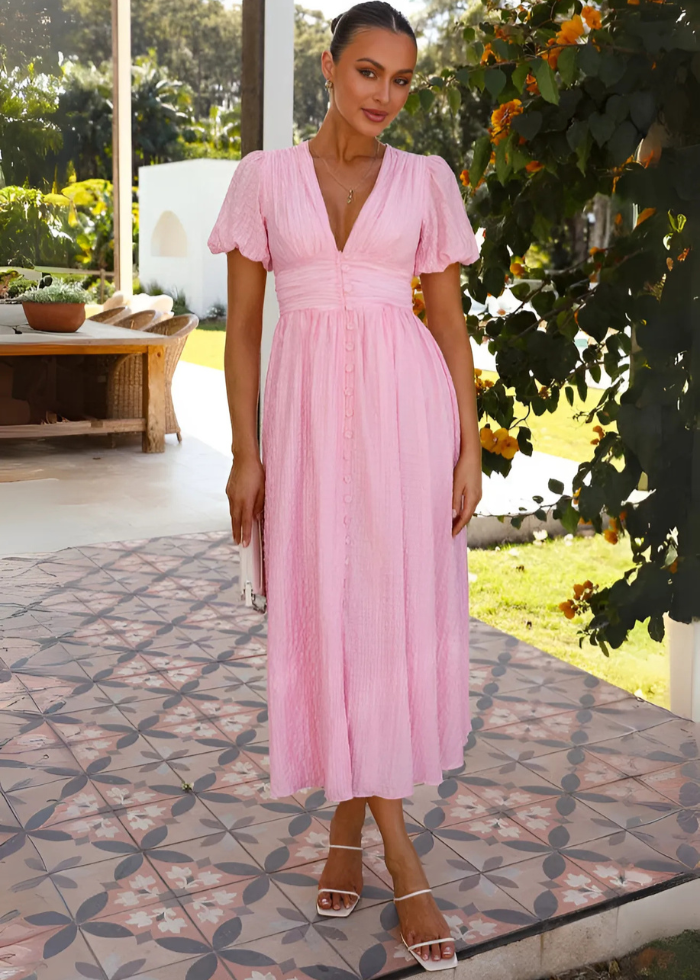 Robe longue col V à manches bouffantes