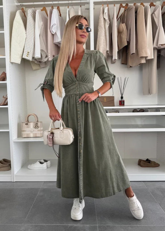 Robe Longue en Jean Fendue Boutonnée