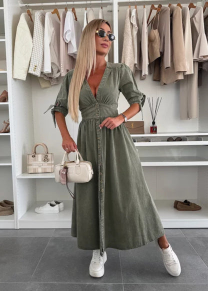 Robe Longue en Jean Fendue Boutonnée