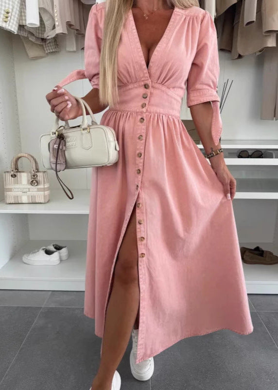 Robe Longue en Jean Fendue Boutonnée