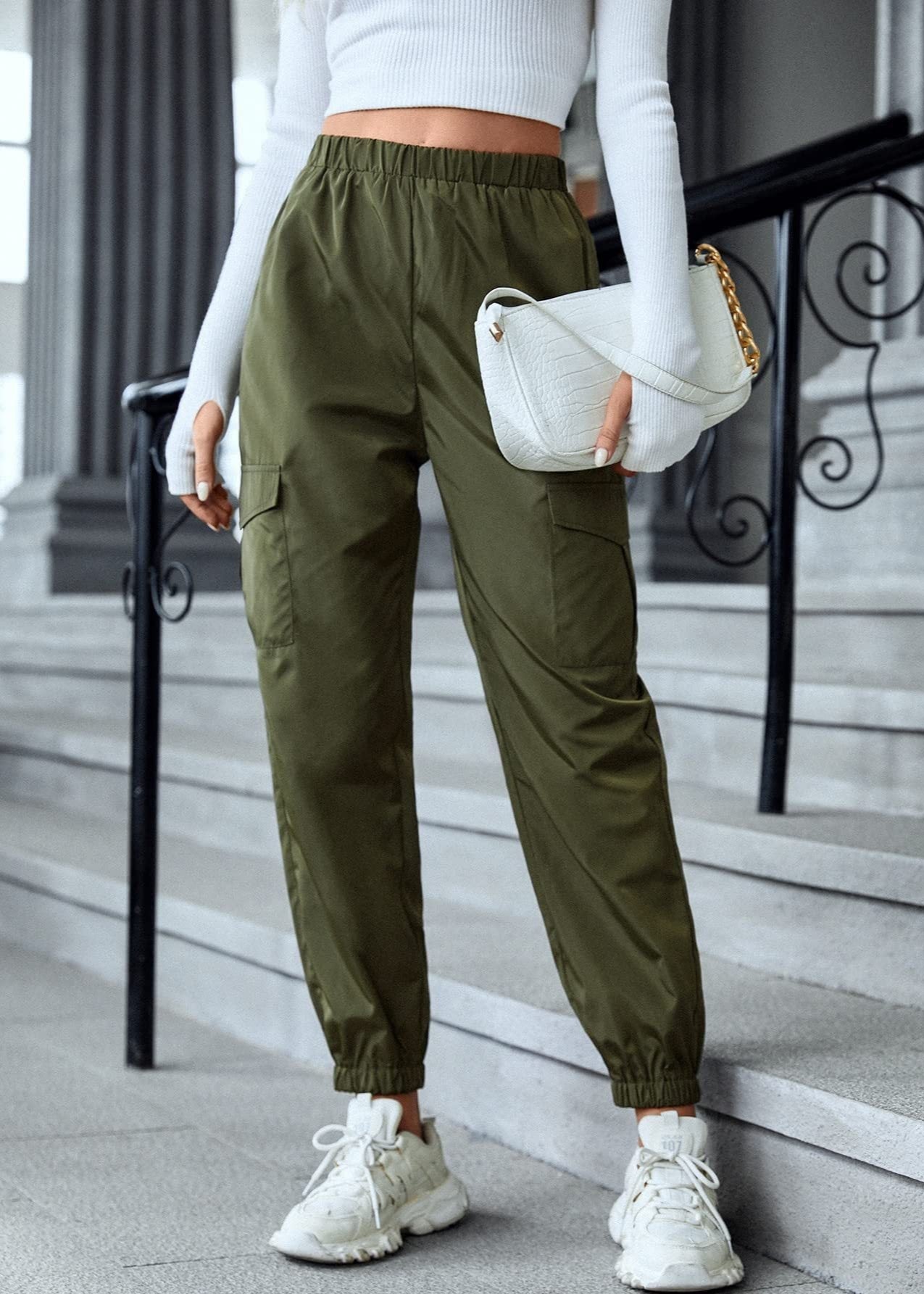 Pantalon casual ajusté multi-poches femme