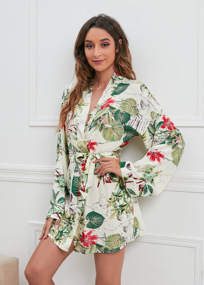 Peignoir Femme Long à Imprimé Floral et Feuillage