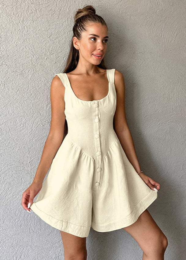 Combinaison Femme Sans Manches Large Lin Kaki