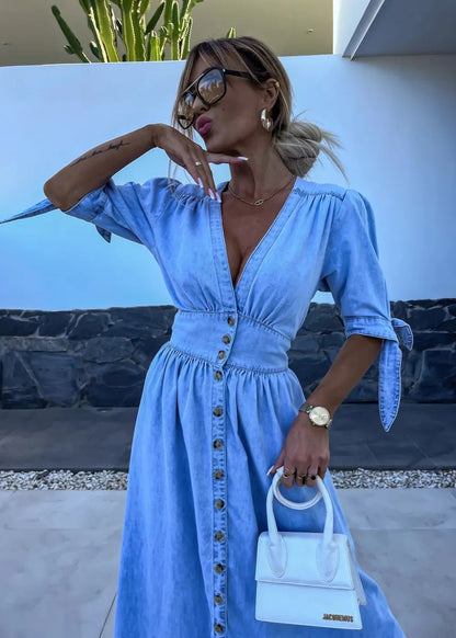 Robe Longue en Jean Fendue Boutonnée