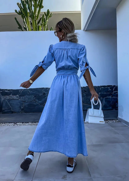 Robe Longue en Jean Fendue Boutonnée