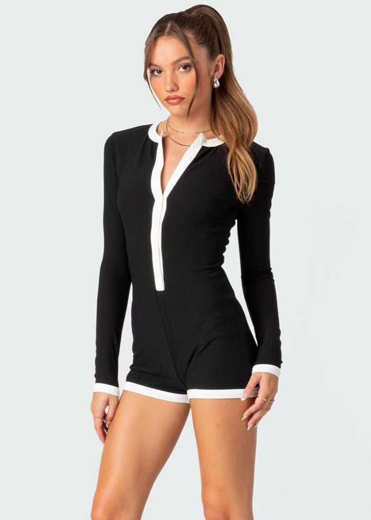 Combinaison Femme Sexy Bicolore – Manches Longues Ajustées