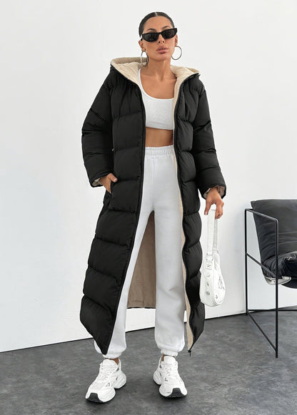 Manteau long matelassé capuche femme