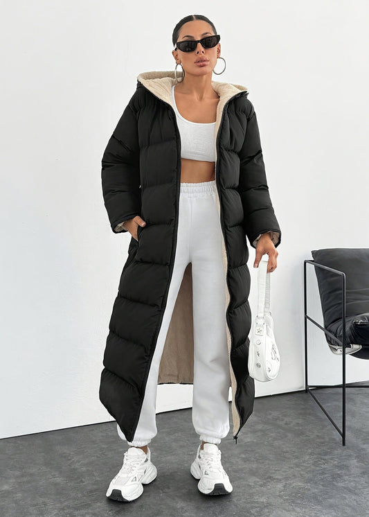 Manteau long matelassé capuche femme