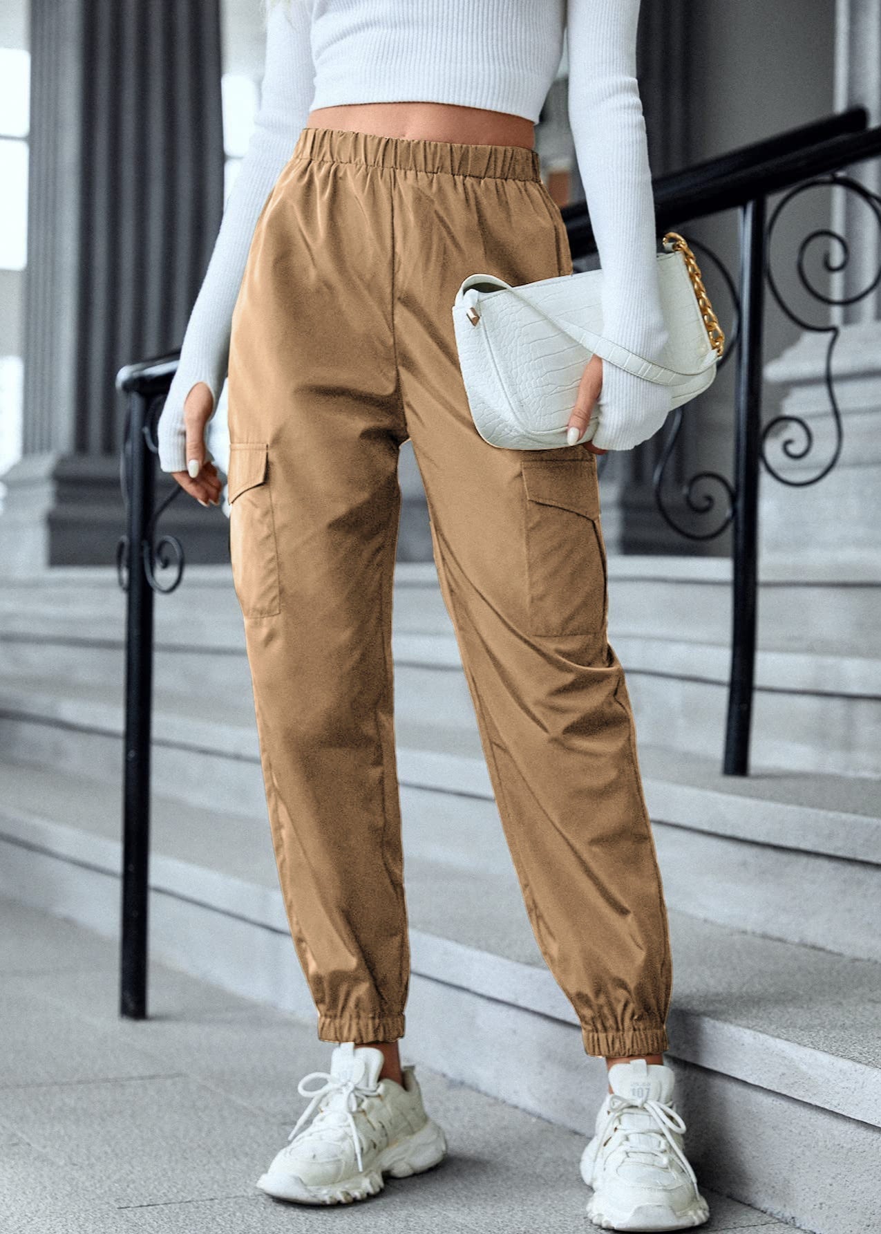 Pantalon casual ajusté multi-poches femme