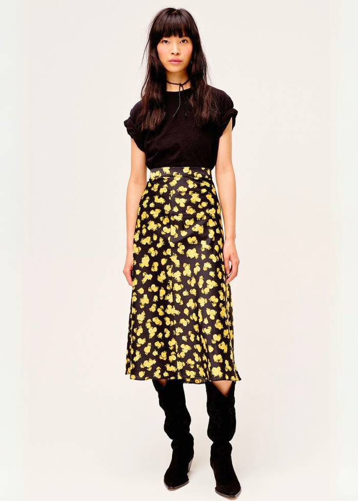 Jupe Midi Femme Noire à Fleurs Jaunes