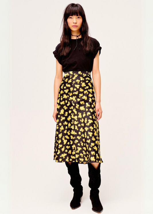 Jupe Midi Femme Noire à Fleurs Jaunes