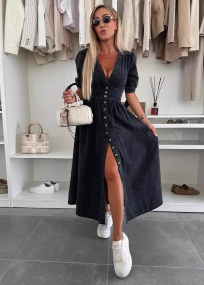 Robe Longue en Jean Fendue Boutonnée