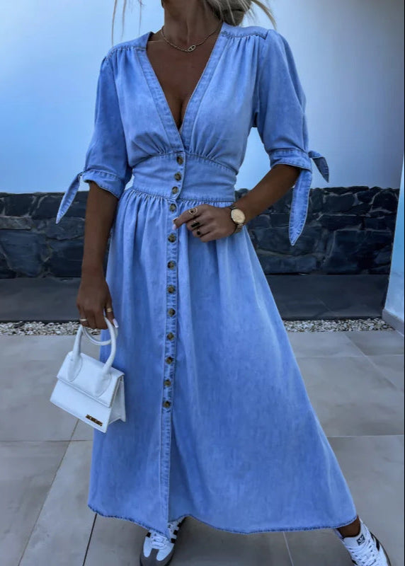 Robe Longue en Jean Fendue Boutonnée