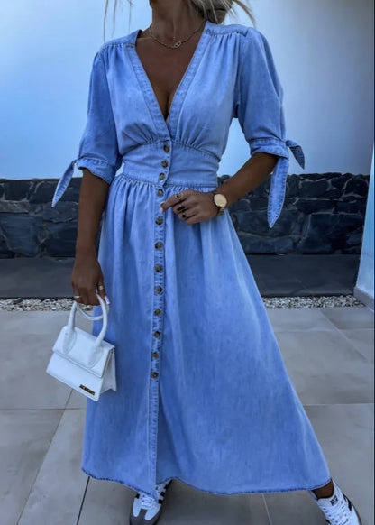 Robe Longue en Jean Fendue Boutonnée