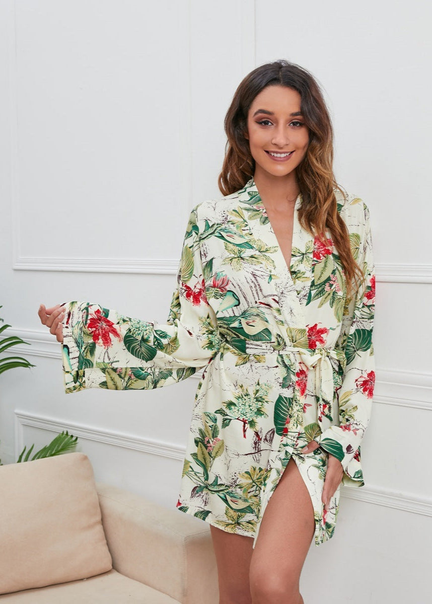 Peignoir Femme Long à Imprimé Floral et Feuillage